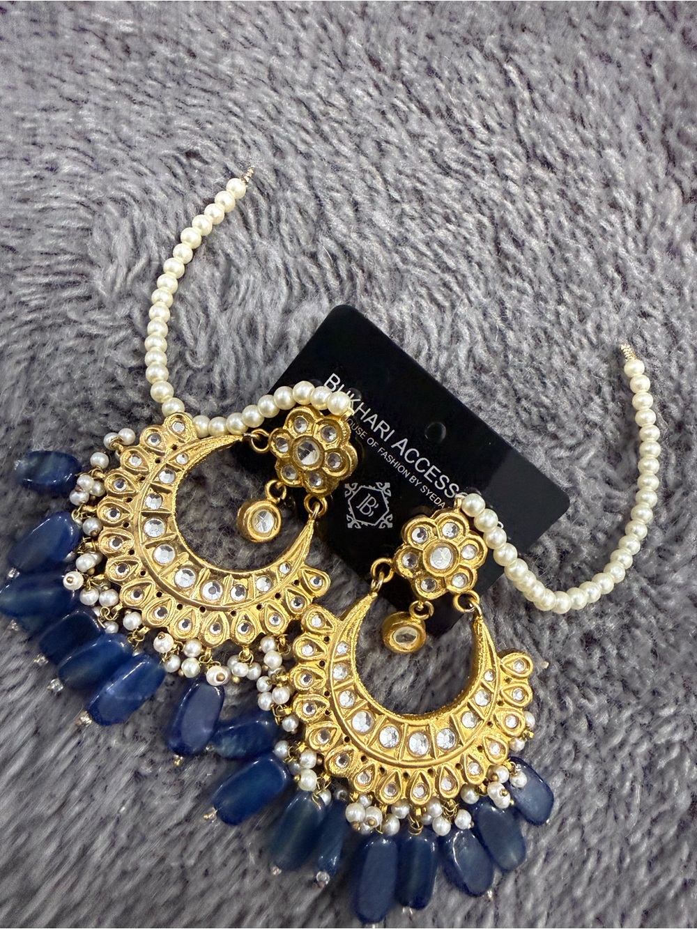 Gold and Navy Chandbali Earrings with Pearl Accents